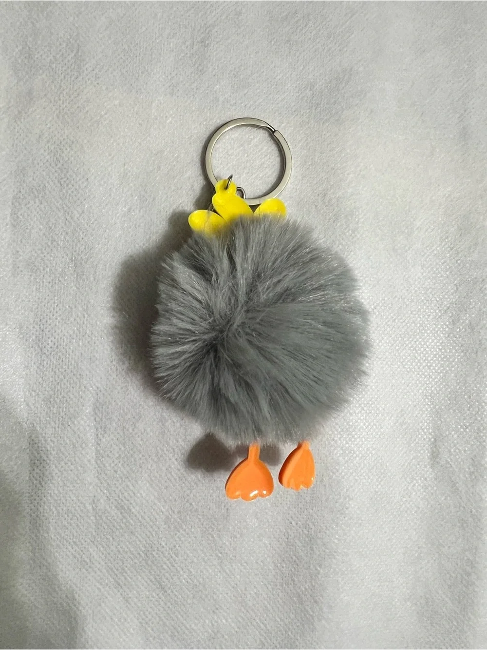 NWOT Cute Funny Grey Pom-Pom Bird Keychain with Yellow Crown and Orange Feet